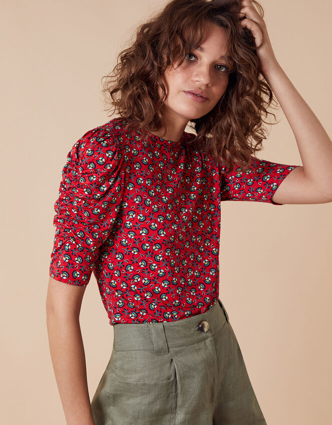 Printed Jersey Puff Sleeve Top, Red (RED), large