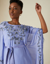 Emma Embellished Fringe Kaftan Dress in Recycled Polyester, Blue (BLUE), large