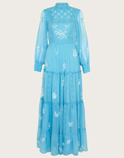 Maddie Embroidered Maxi Dress in Recycled Polyester, Blue (AQUA), large