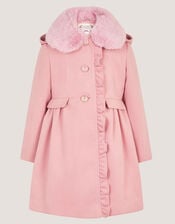 Faux Fur Collar Frill Coat, Pink (PINK), large