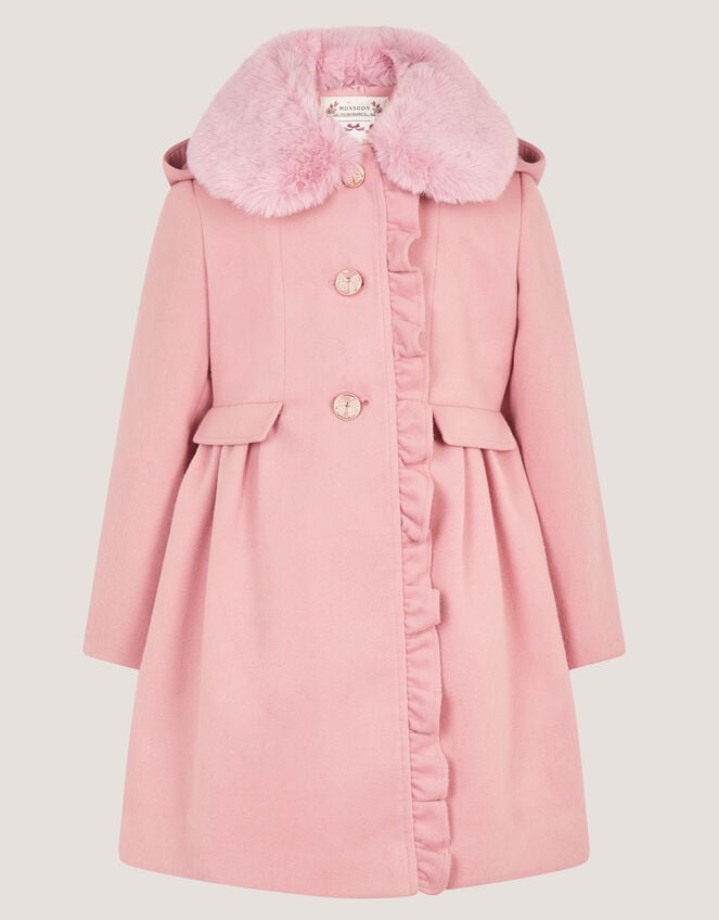 Faux Fur Collar Frill Coat, Pink (PINK), large