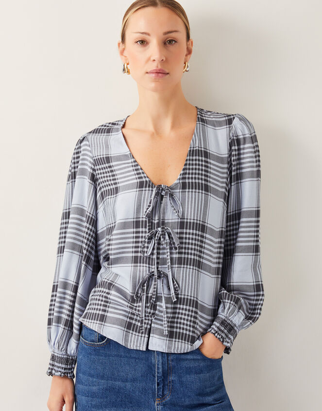 Ava Tie-Front Check Blouse, Blue (PALE BLUE), large