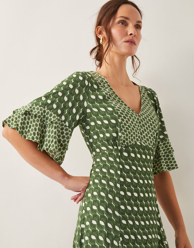 Maren Geometric Print Midi Tea Dress, Green (KHAKI), large