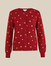Fee Foil Bow Crew Neck Cardigan, Red (BURGUNDY), large