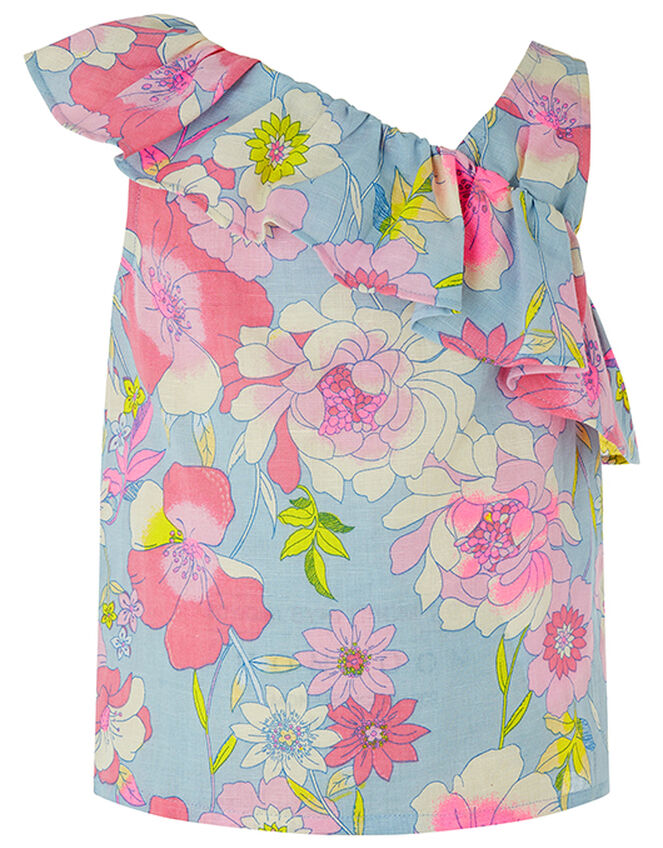 Octavia Floral Top in Linen and Organic Cotton, Blue (BLUE), large