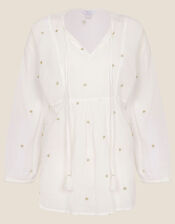 Embellished Dot Tunic Boho Top in Sustainable Cotton, White (WHITE), large