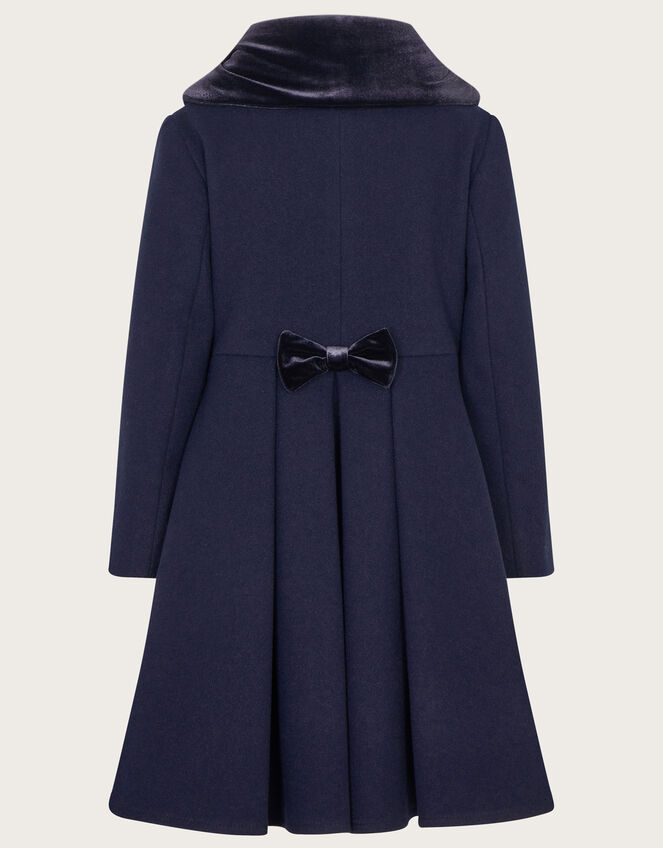 Velvet Collar High Low Coat in Wool Blend Blue