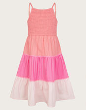 Smocked Strappy Colour Block Dress, Orange (CORAL), large