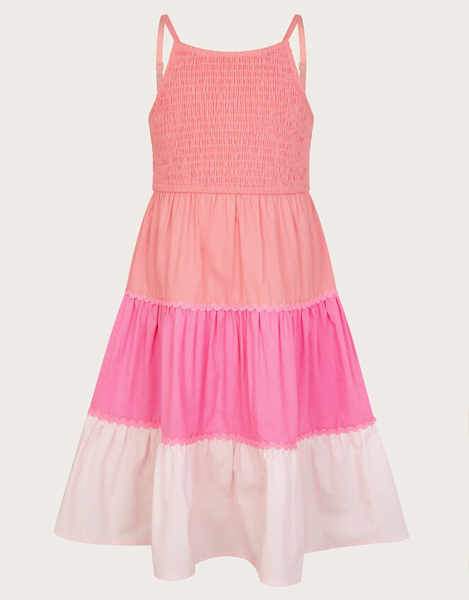 Smocked Strappy Colour Block Dress, Orange (CORAL), large