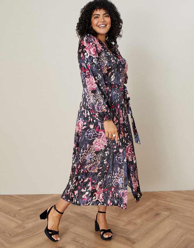 Satin Animal Print Shirt Dress, Grey (CHARCOAL), large