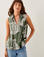 Pamela Linen Blend Sleeveless Leaf Print Top, Green (GREEN), large