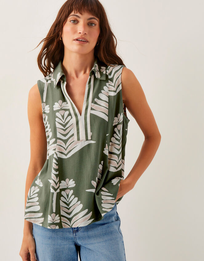 Pamela Linen Blend Sleeveless Leaf Print Top, Green (GREEN), large