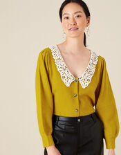 Leila Lace Collar Cardigan, Yellow (OCHRE), large