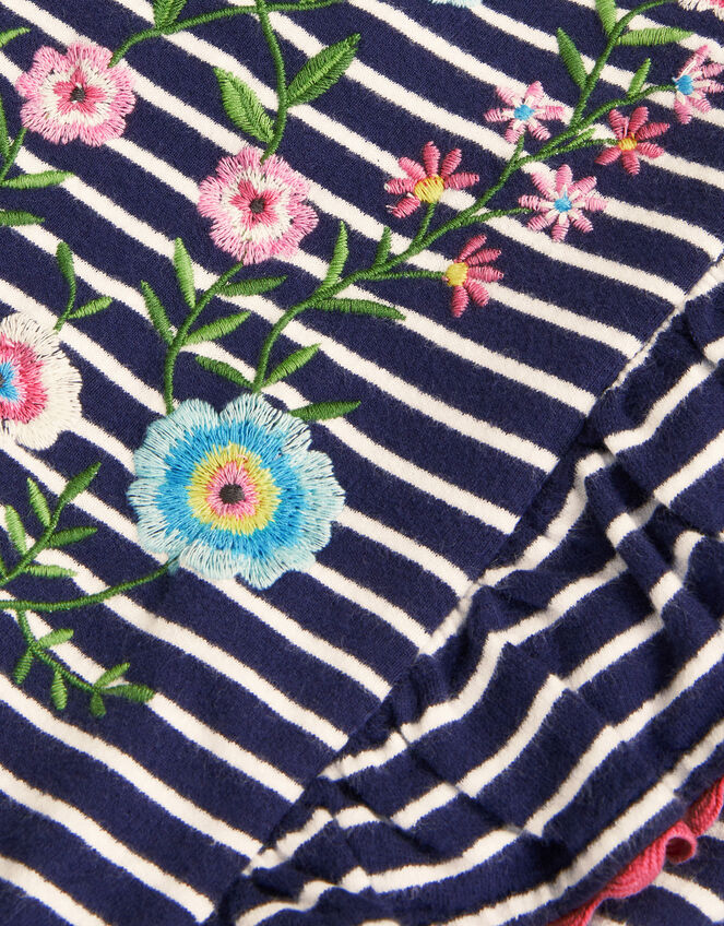 Floral Embroidered Stripe Ruffle Dress, Blue (NAVY), large