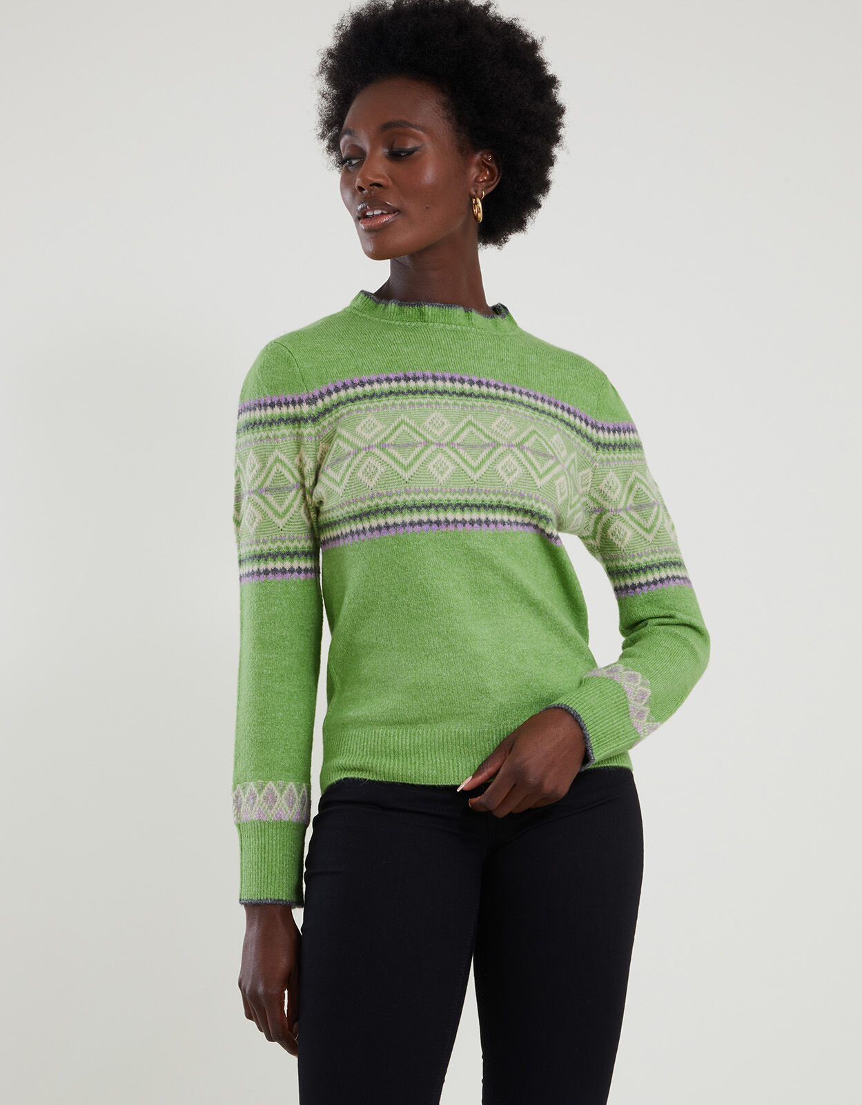 Frill Neck Fair Isle Jumper with Recycled Polyester Green