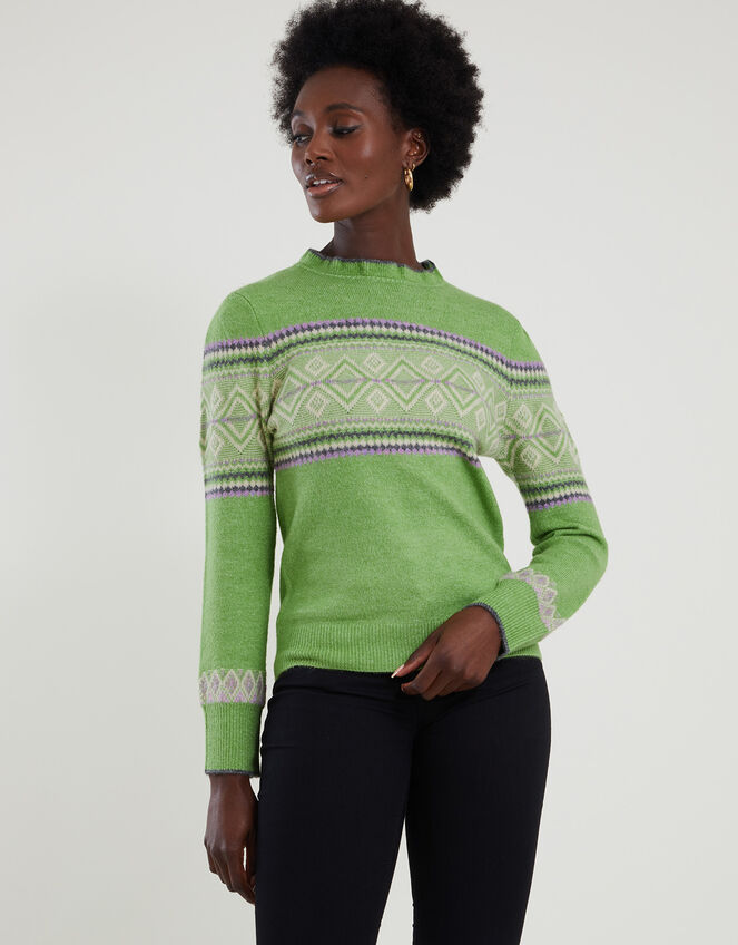Frill Neck Fair Isle Jumper with Recycled Polyester, Green (GREEN), large
