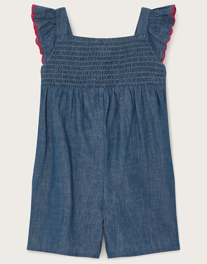 Baby Chambray Flamingo Applique Romper, Blue (BLUE), large