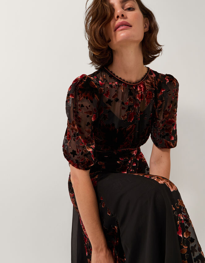 Carolyn Floral Devor&eacute; Midi Dress, Black (BLACK), large