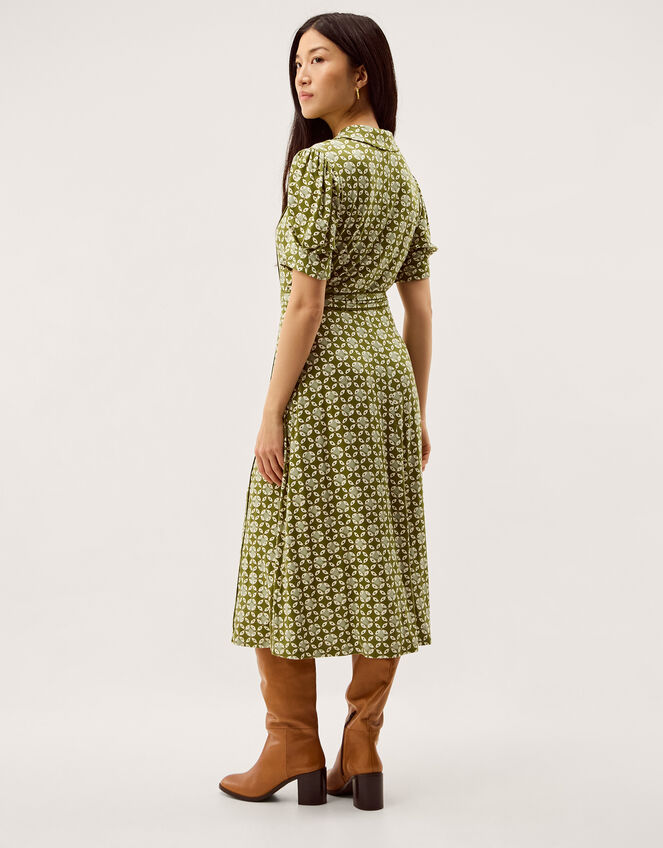 Kalani Geometric Jersey Midi Shirt Dress Green