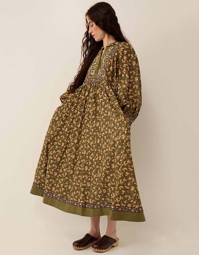 East Darney Floral Print Embroidered Dress, Green (KHAKI), large
