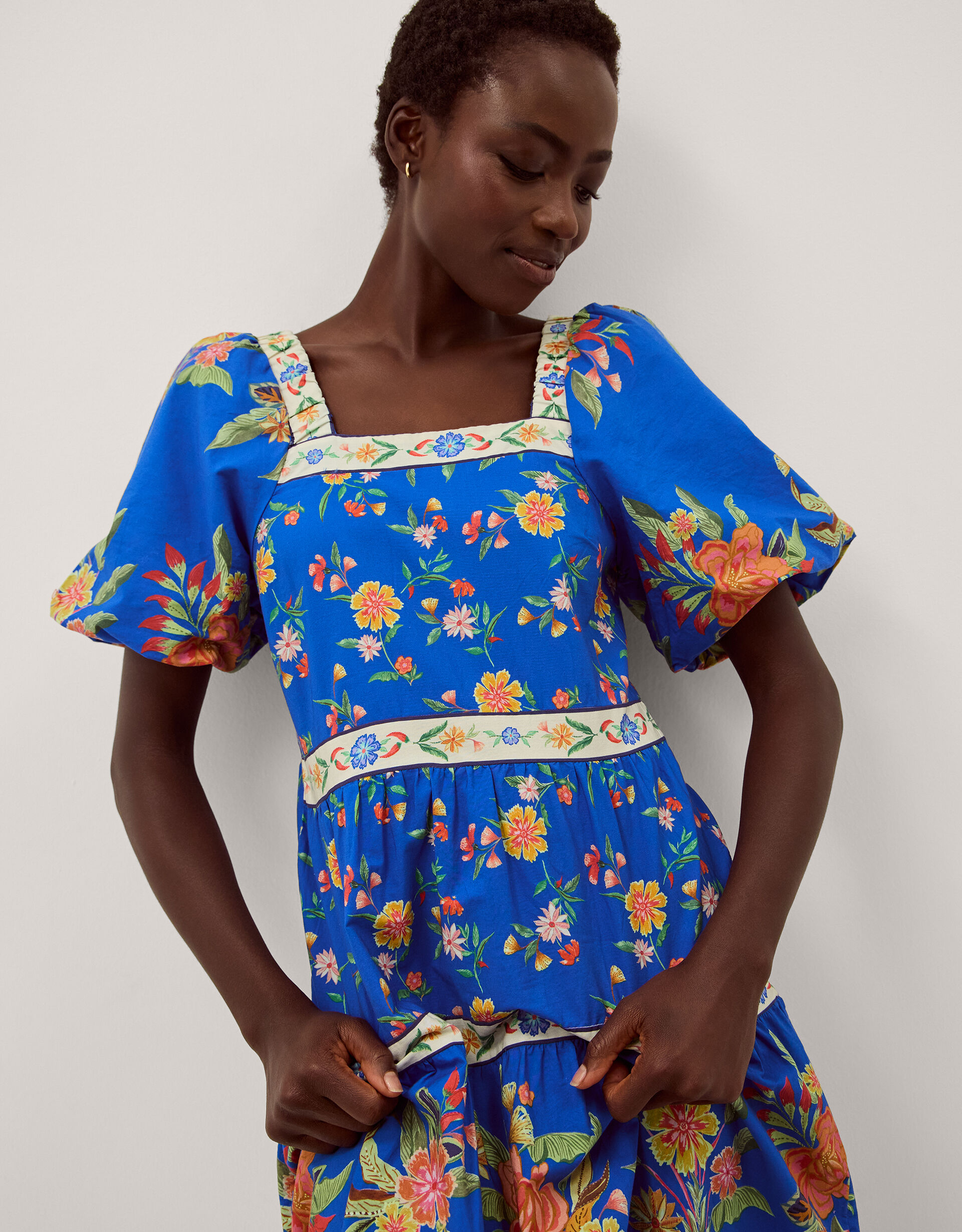 Mona Puff Sleeve Floral Midi Dress Blue | Day Dresses | Monsoon UK.