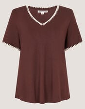 Tilly Contrast Stitch Jersey T-Shirt, Brown (CHOCOLATE), large