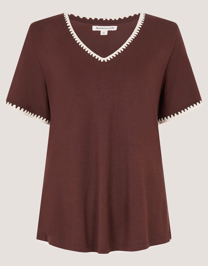 Tilly Contrast Stitch Jersey T-Shirt, Brown (CHOCOLATE), large