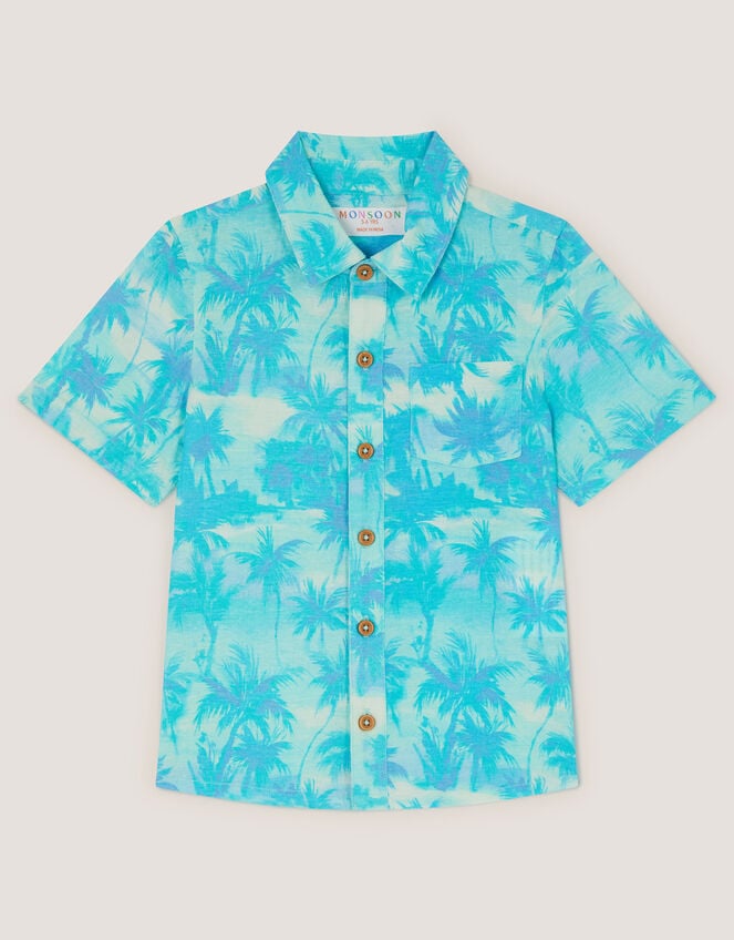 Palm Print Short Sleeve Shirt, Blue (BLUE), large