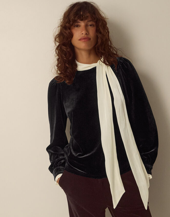 Tia Tie Neck Velvet Top, Black (BLACK), large
