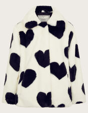 Heart Print Faux Fur Coat, Black (BLACK WHITE), large