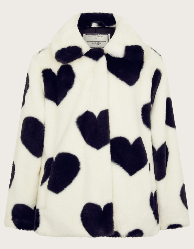Heart Print Faux Fur Coat, Black (BLACK WHITE), large