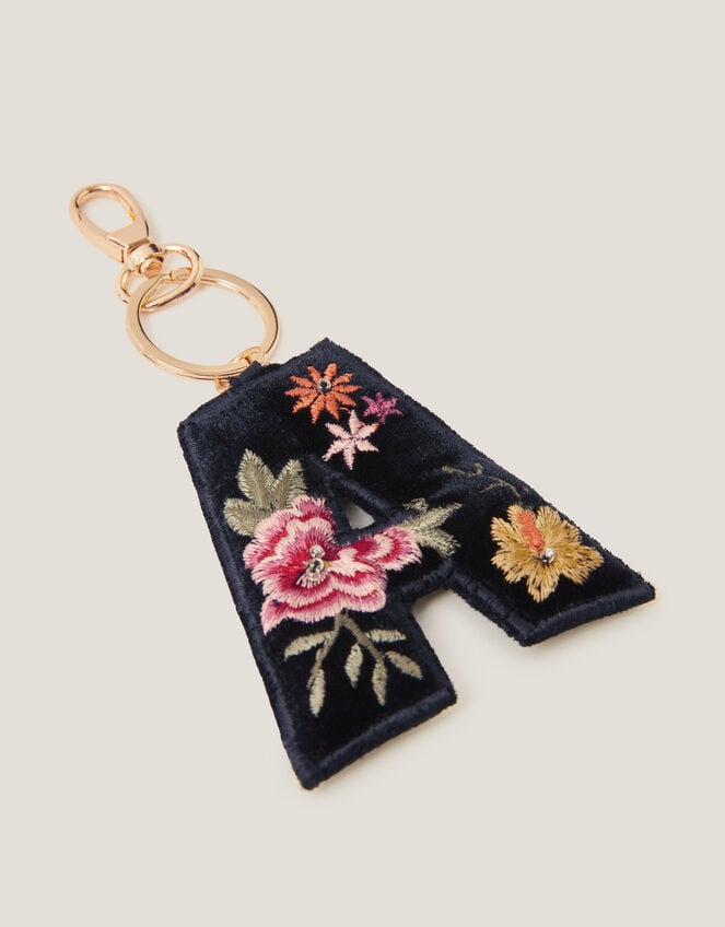 Floral Embroidered Initial Keyring, Black (BLACK), large