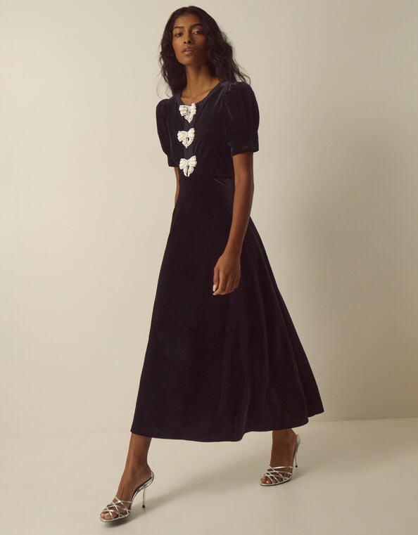 Bella Puff Sleeve Embellished Bow Velvet Dress, Black (BLACK), large