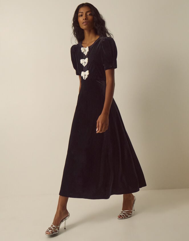 Bella Puff Sleeve Embellished Bow Velvet Dress, Black (BLACK), large