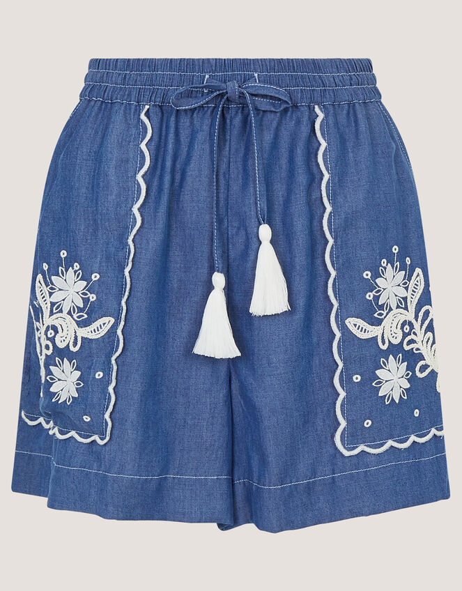 Isla Embroidered Denim Shorts, Blue (DENIM BLUE), large