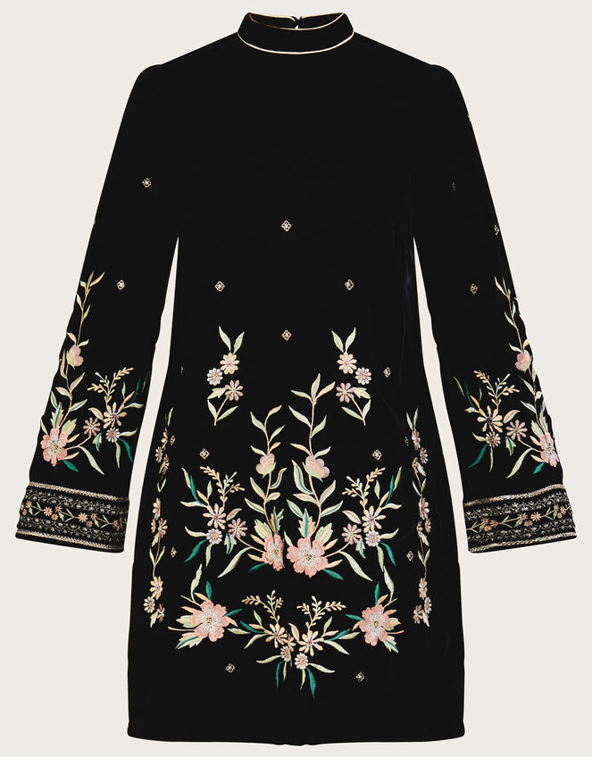Nikki Velvet Embroidered Tunic Dress, Black (BLACK), large