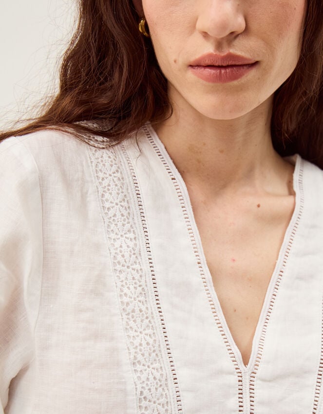 Jayla V-Neck Lace Linen Blouse, White (WHITE), large