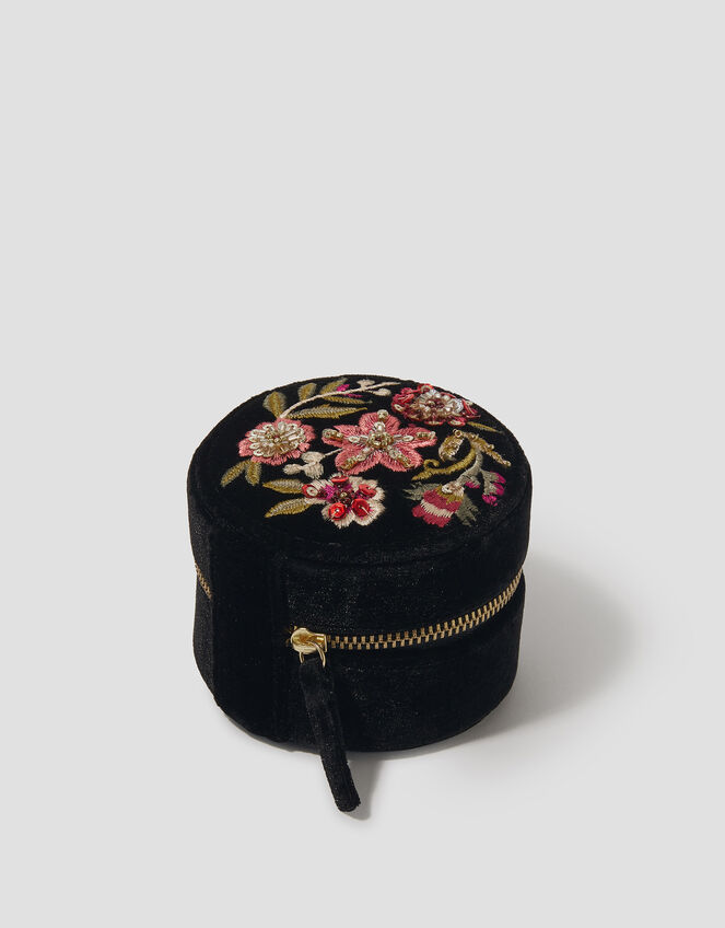 Round Floral Embroidered Jewellery Box, , large