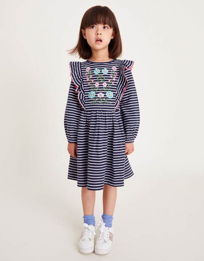 Floral Embroidered Stripe Ruffle Dress, Blue (NAVY), large