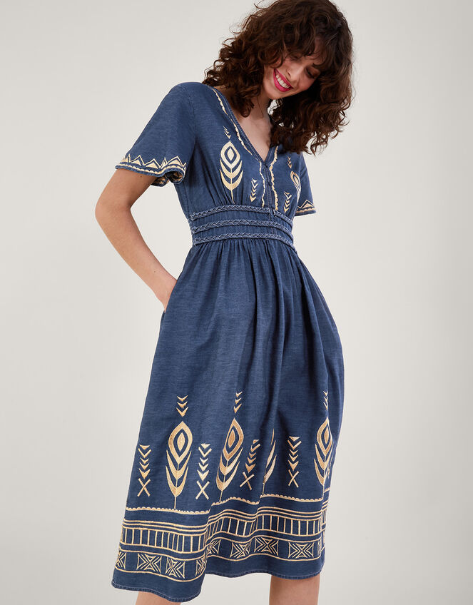 Peacock Feather Dress, Blue (DENIM BLUE), large