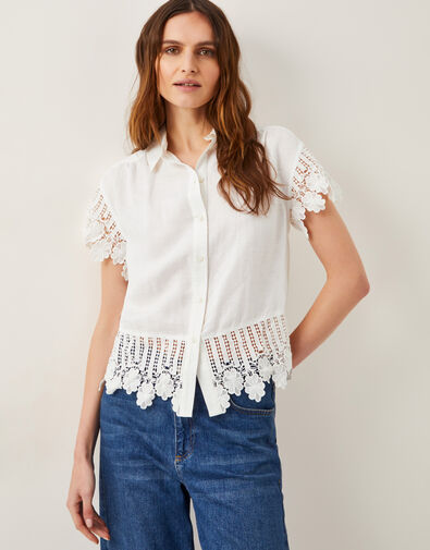 Lara Linen-Blend Short Sleeve Shirt, White (WHITE), large