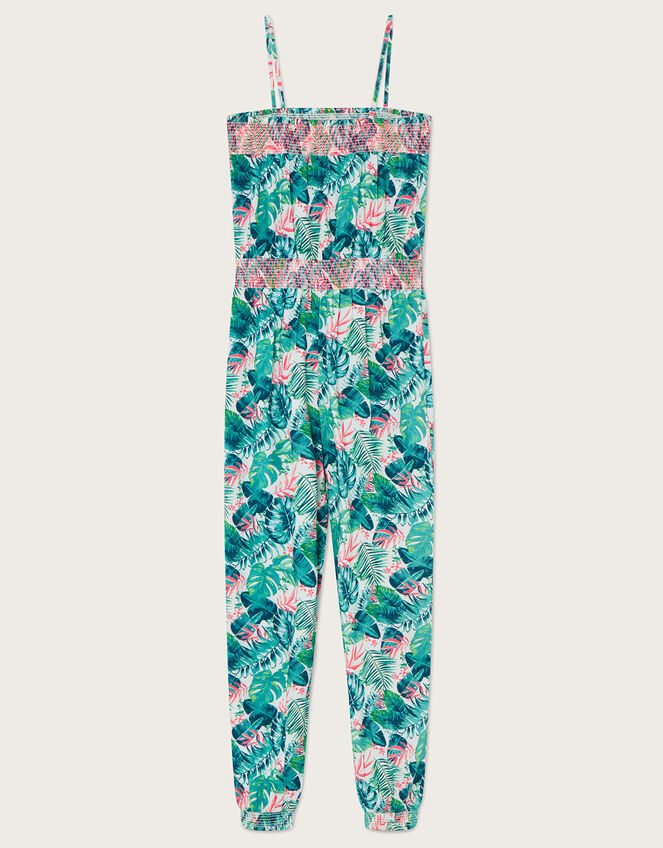 Palm Print Shirred Jumpsuit in Sustainable Viscose, Ivory (IVORY), large