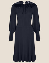 Velvet Tie Collar Long Sleeve Dress, Blue (NAVY), large