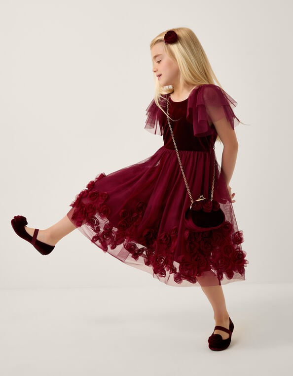 Eden Velvet Rose Appliqué Party Dress, Red (BURGUNDY), large