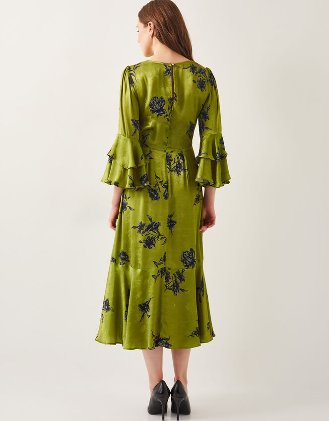 Pelia Satin Ruffle Midi Dress, Green (CHARTREUSE), large