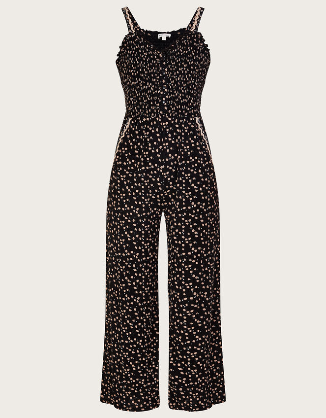 Dot Print Shirred Jumpsuit in LENZING™ ECOVERO™, Black (BLACK), large