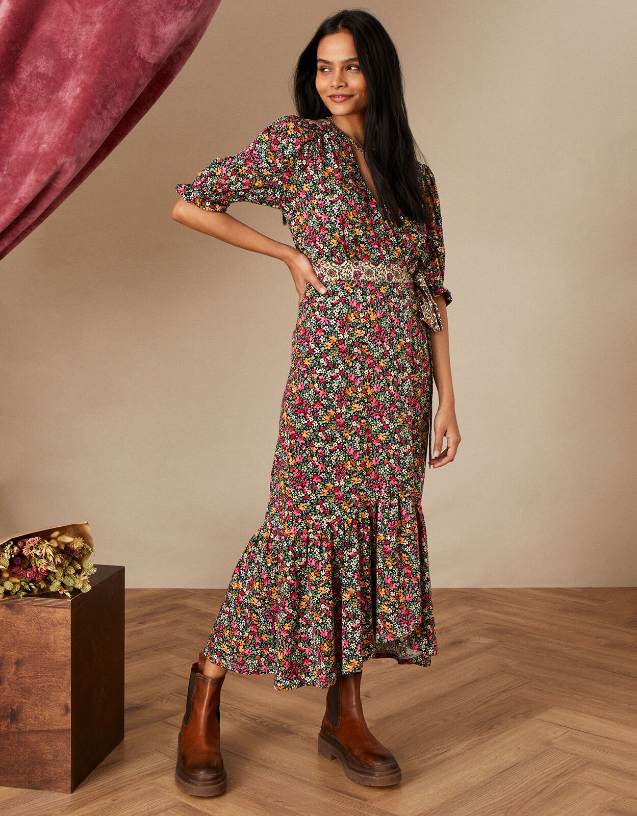 Contrast Wrap Print Jersey Dress Multi