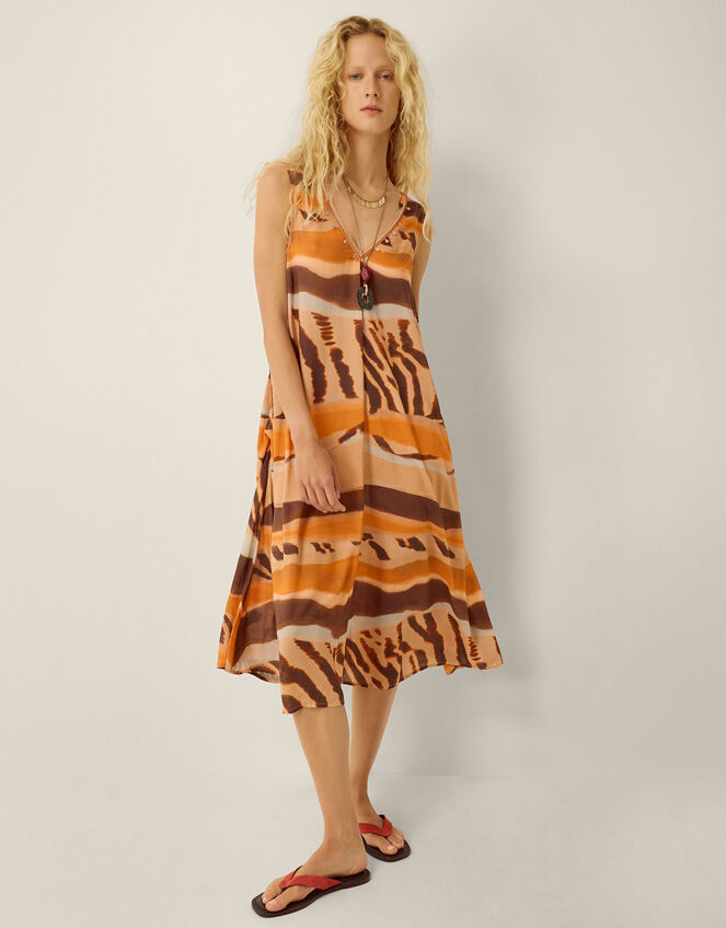 Nadia Sleeveless Animal Print Midi Dress, Brown (BROWN), large
