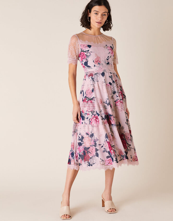 Millicent Floral Print and Lace Dress, Nude (NUDE), large