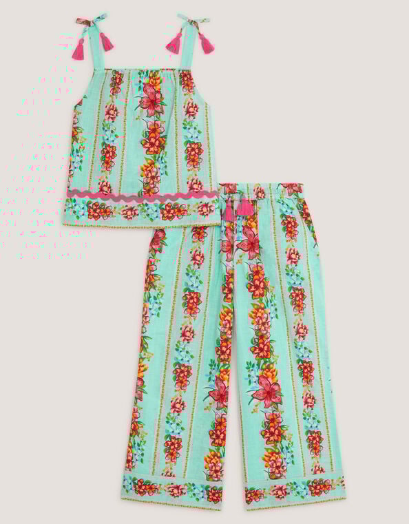 Vintage Floral Tank Top & Trousers Set, Blue (AQUA), large